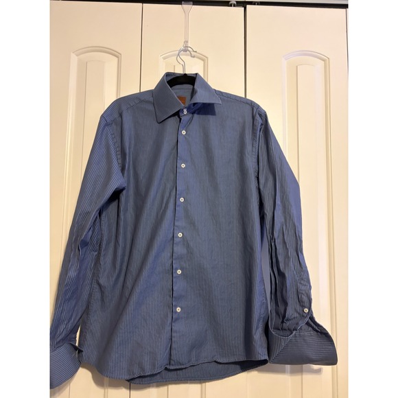 Kuhlman Men's Blue Pinstripe Dress Shirt 100% Cotton Size 39 French cuffs - Picture 2 of 8